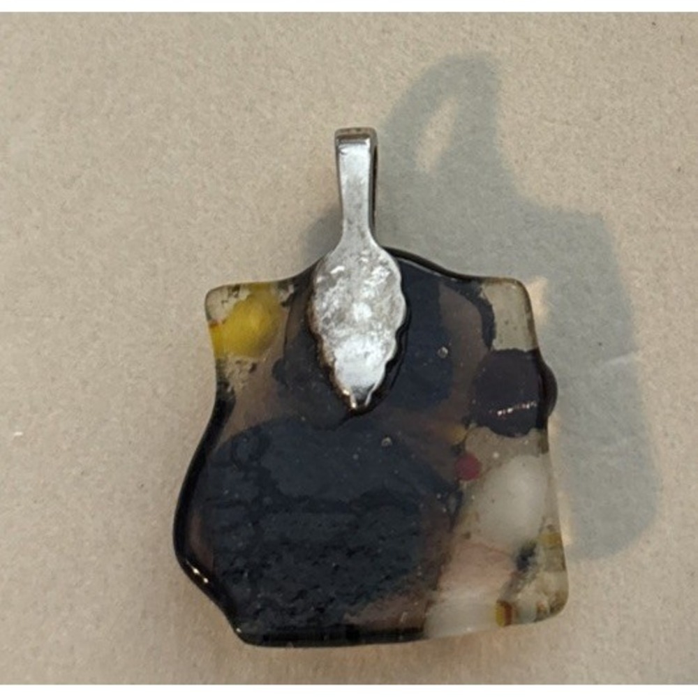 Artisan Fused Glass Pendant Abstract Black Orange Yellow Modernist Statement - Picture 3 of 3
